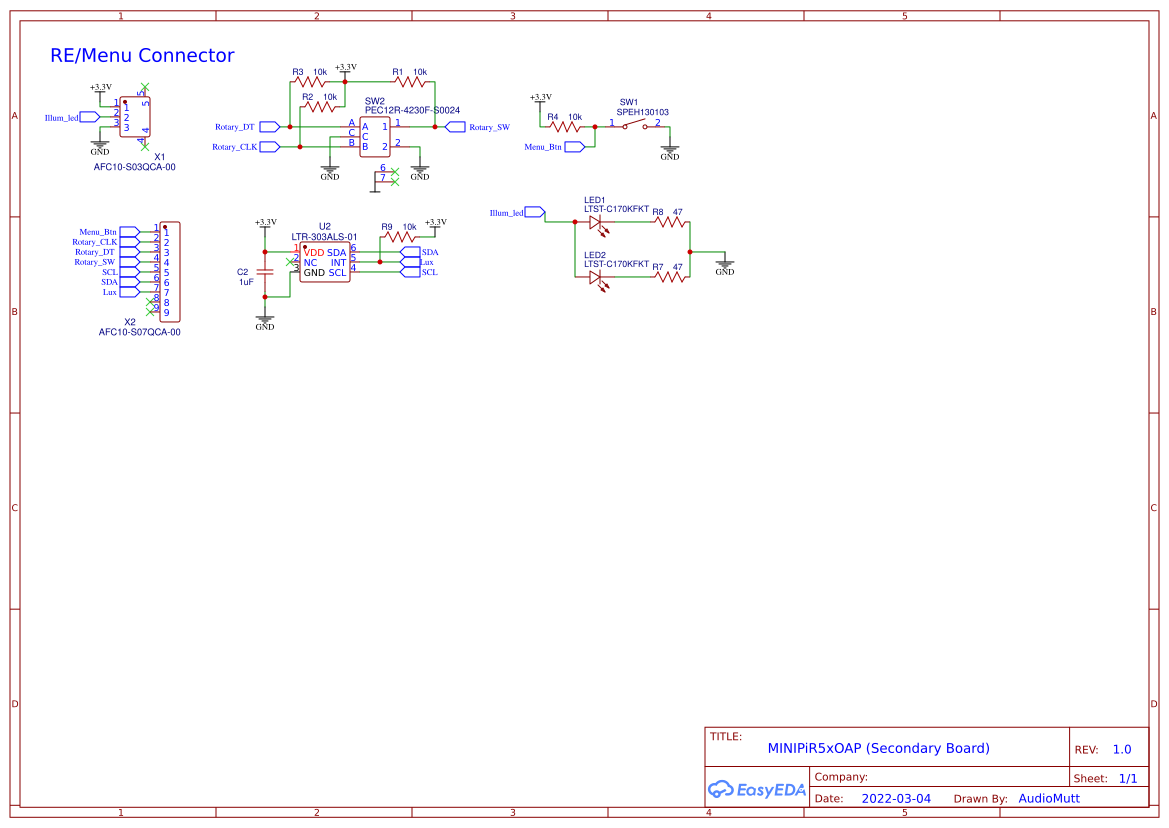 Schematic for the separate MINI rotary controller, menu button, illumination, and ambient-light sensor